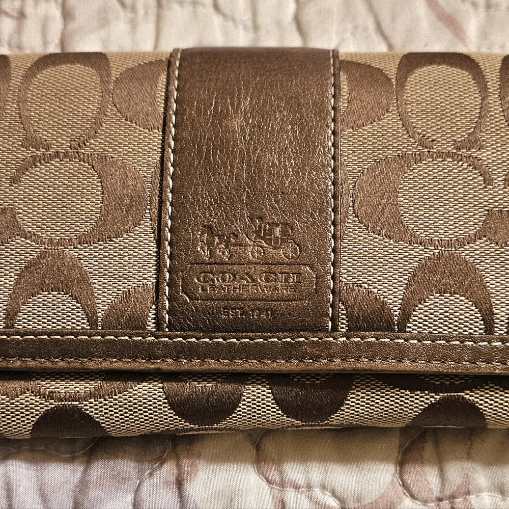 Coach Brown Signature Wallet Long Flap Front Jacquard Logo C Leather Bronze